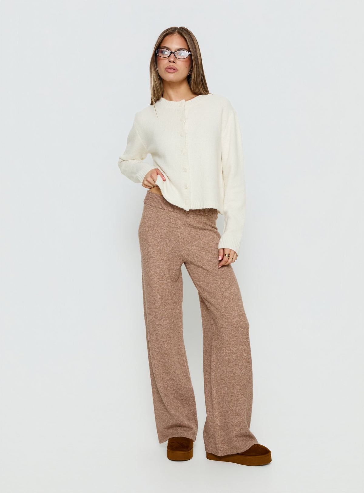 side view of model wearing Princess Polly Denmark Cardigan White Cropped Jumpers Jumpers 