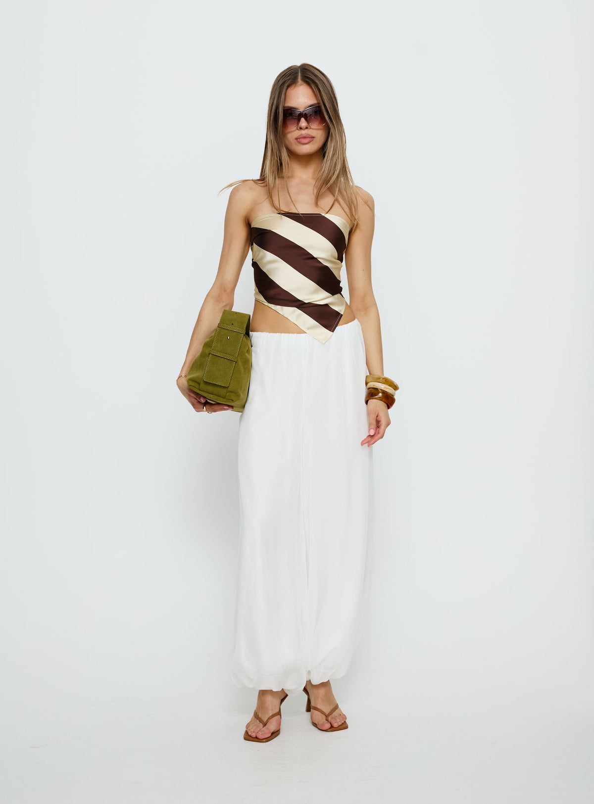 front view of model wearing Princess Polly Mirosa Balloon Leg Pants White Mid Rise Pants Pants 