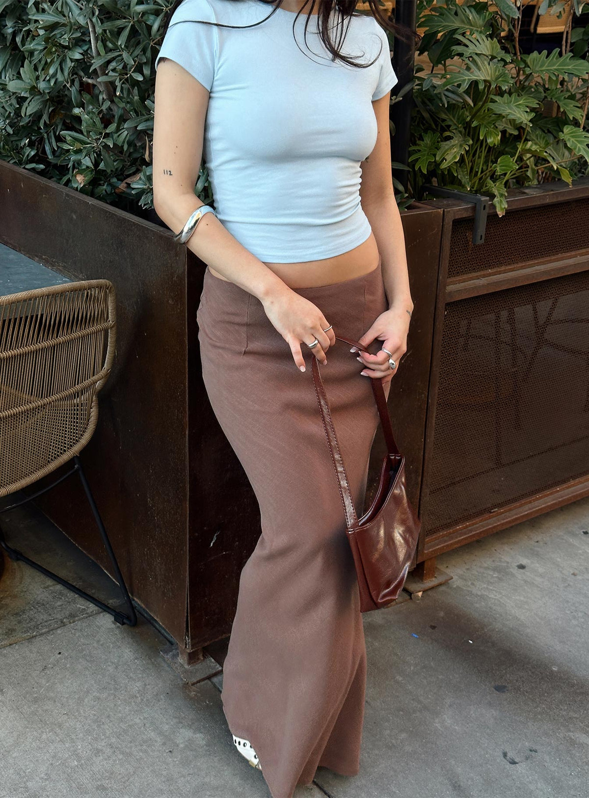 Front view of model wearing  front Jodie Maxi Skirt Brown Princess Polly  Mini Skirts 