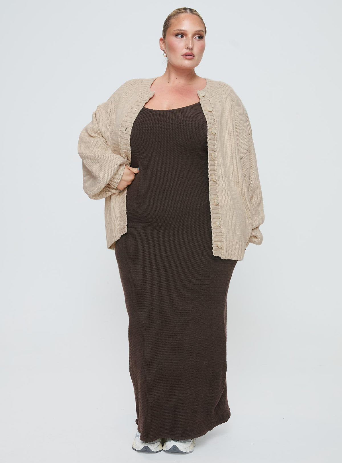 back view of model wearing Princess Polly Edern Cardigan Cream Curve Longline Jumpers Jumpers 