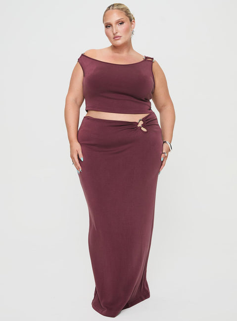   side view of model wearing Princess Polly Whiley Maxi Skirt Mauve Curve Maxi Skirts Skirts 