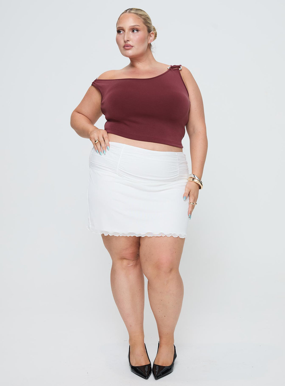  front view of model wearing Princess Polly Meredith Ruched Mini Skirt White Curve Mini Skirts Skirts 