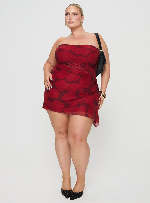 front view of model wearing Princess Polly Donelli Mini Dress Burgundy / Red Floral Curve Straight Neck 