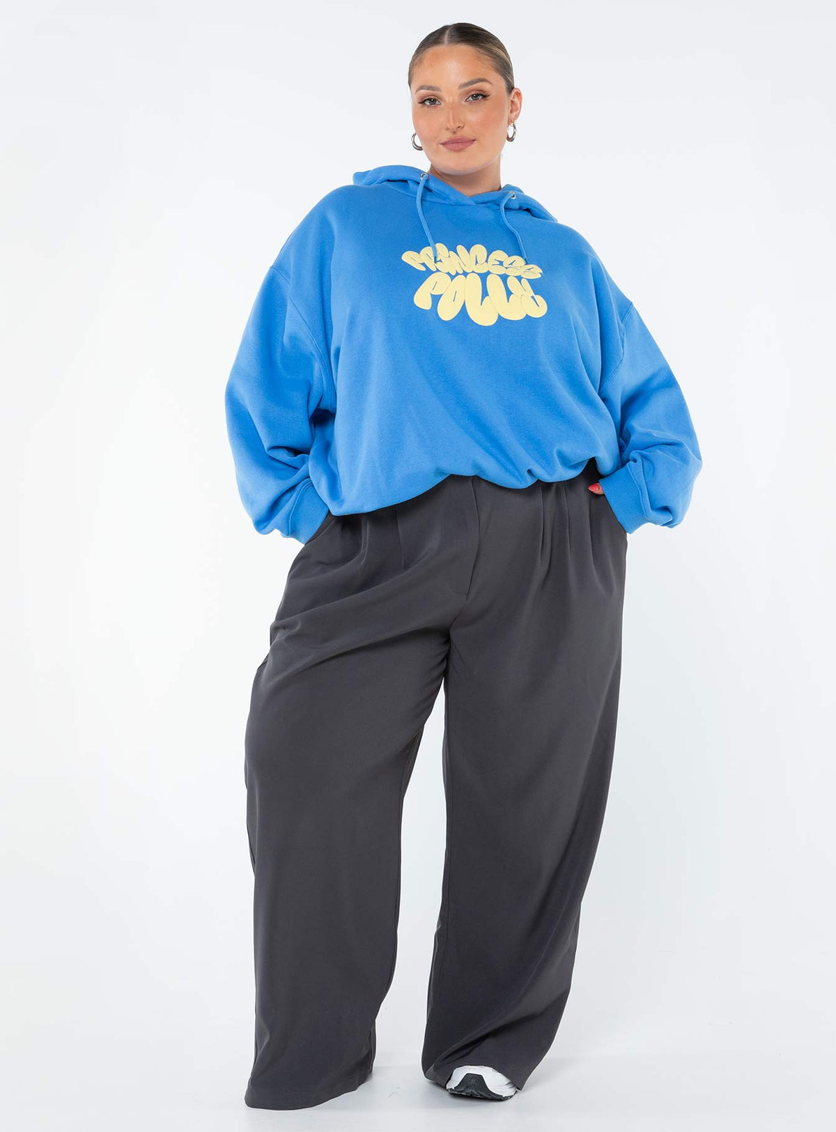 Princess Polly Hoodie Sweatshirt Bubble Text Blue / Yellow Curve regular 