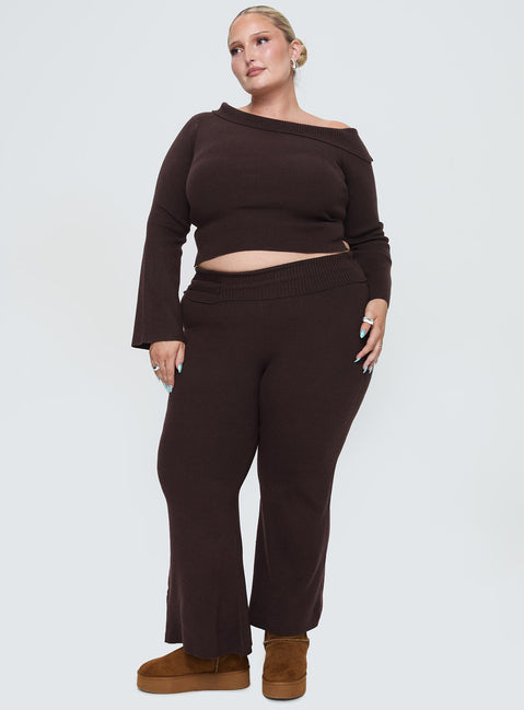 front view of model wearing Princess Polly Try Me Knit Pants Chocolate Curve High Rise Pants Pants 