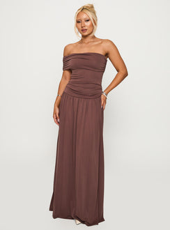 back view of model wearing Princess Polly Decadence Strapless Maxi Dress Brown Straight Neck 