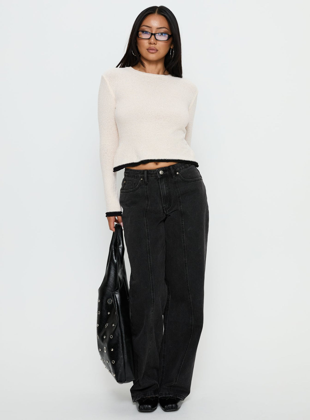 front view of model wearing Princess Polly Keree Lightweight Knit Sweater Cream cropped Jumpers 