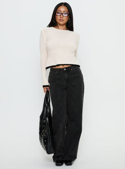 front view of model wearing Princess Polly Keree Lightweight Knit Sweater Cream cropped Jumpers 