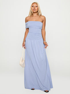front view of model wearing Princess Polly Decadence Strapless Maxi Dress Lilac Straight Neck 