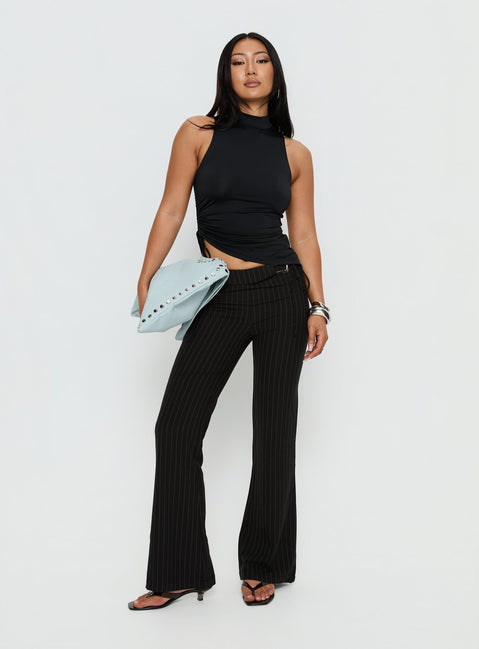 front view of model wearing Princess Polly Louder Please Tie Side Straight Leg Pants Black Pinstripe Mid Rise Pants Pants 
