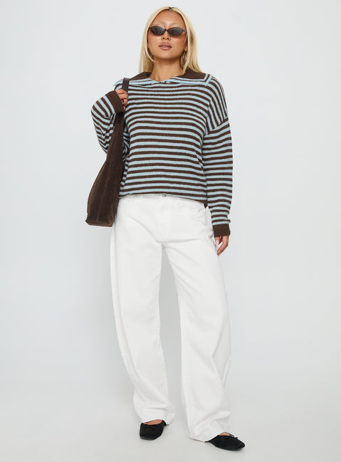 front view of model wearing Princess Polly Moon Went Dark Collared Knit Sweater Stripe Jumpers 