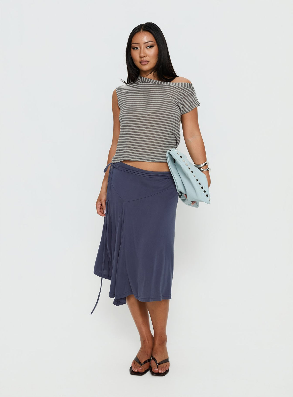 back view of model wearing Princess Polly Joaney Tie Side Jersey Midi Skirt Slate Midi Skirts 