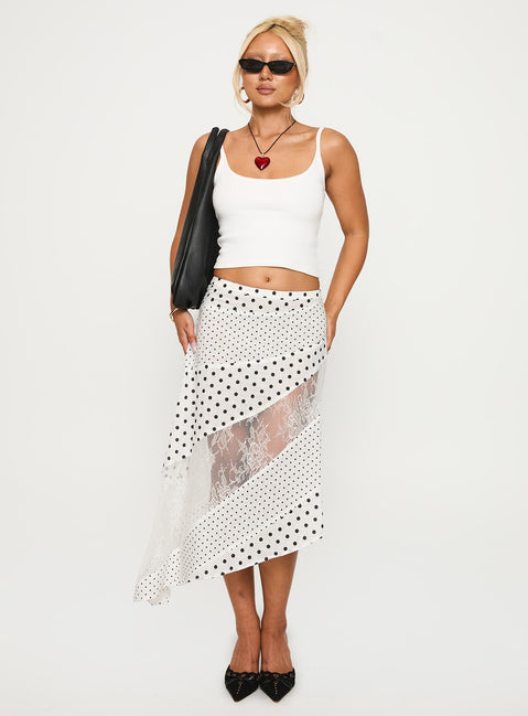   front view of model wearing Princess Polly Rennar Maxi Skirt White / Polka Dot Petite Midi Skirts Skirts 