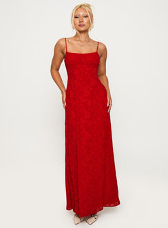 front view of model wearing Princess Polly South Of France Maxi Dress Red Scoop Neck 