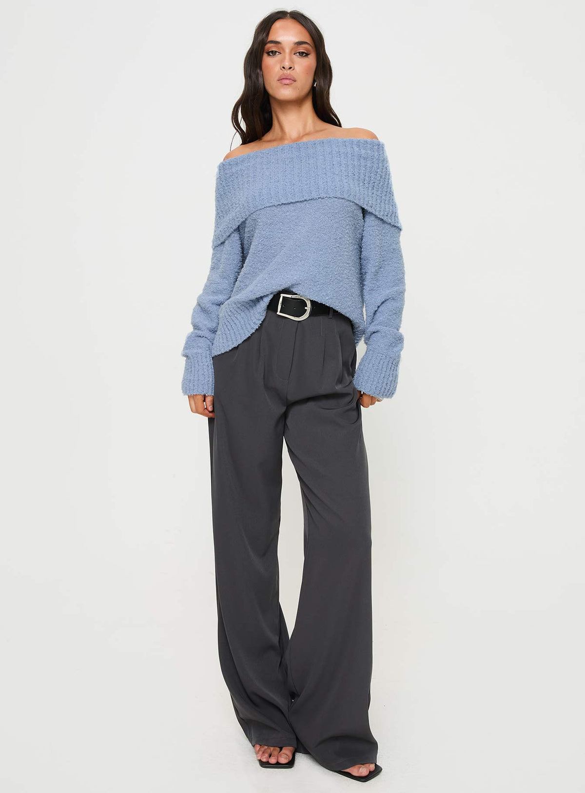 front view of model wearing Princess Polly Parkley Boucle Off The Shoulder Sweater Blue Long 