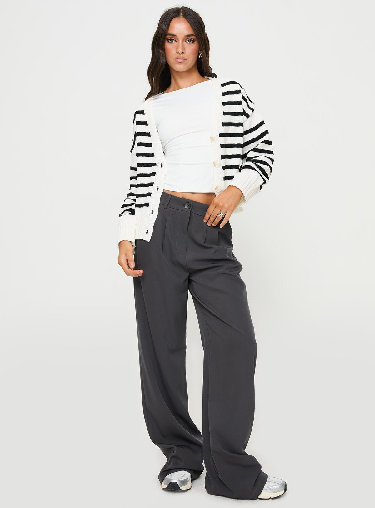 side view of model wearing Princess Polly Karlson Striped Cardigan Cream / Black cropped Jumpers 
