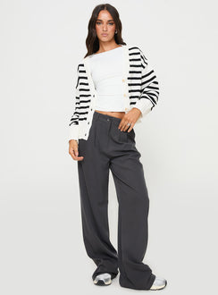 side view of model wearing Princess Polly Karlson Striped Cardigan Cream / Black cropped Jumpers 