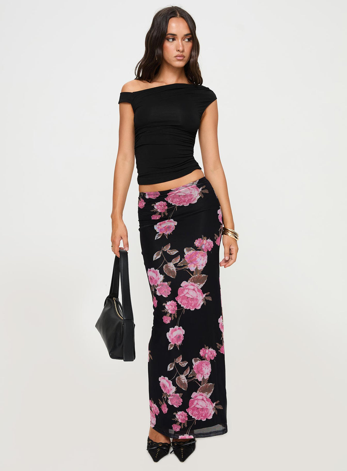   front view of model wearing Princess Polly Modalla Maxi Skirt Black Floral Maxi Skirts Skirts 