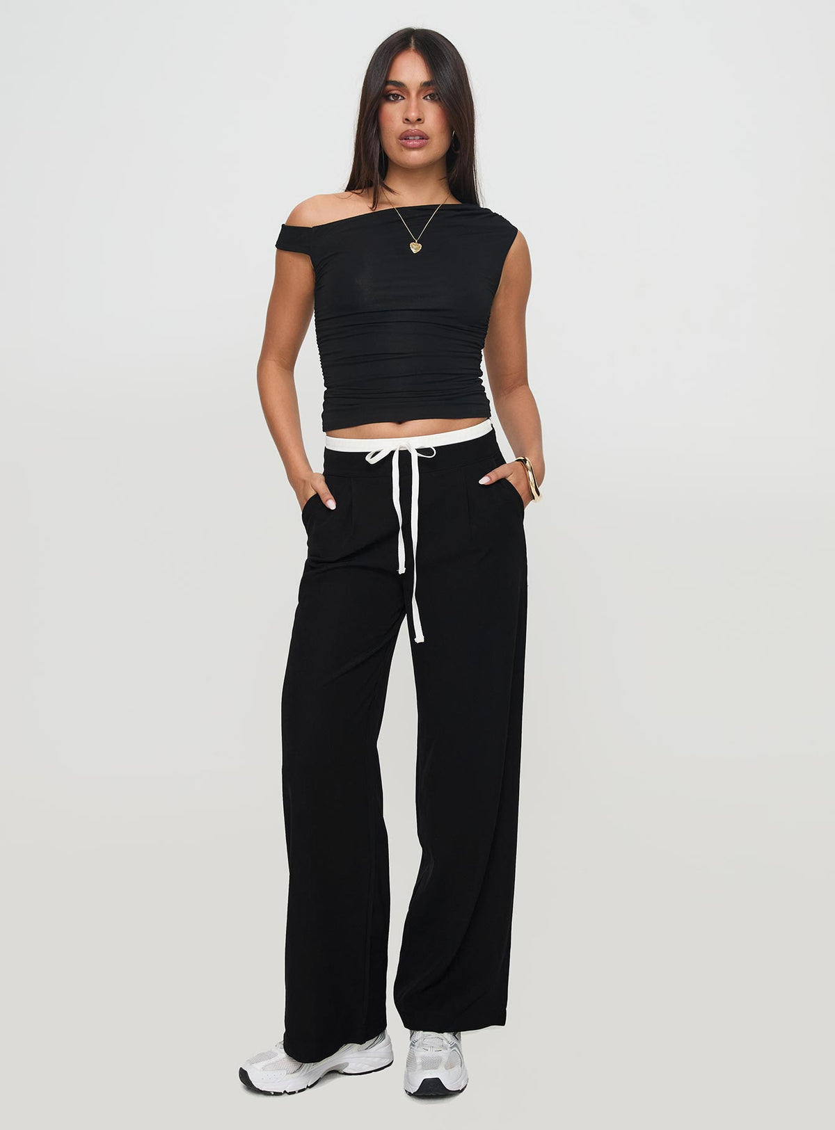 front view of model wearing Princess Polly Burna Pants Black High Rise Pants Pants 