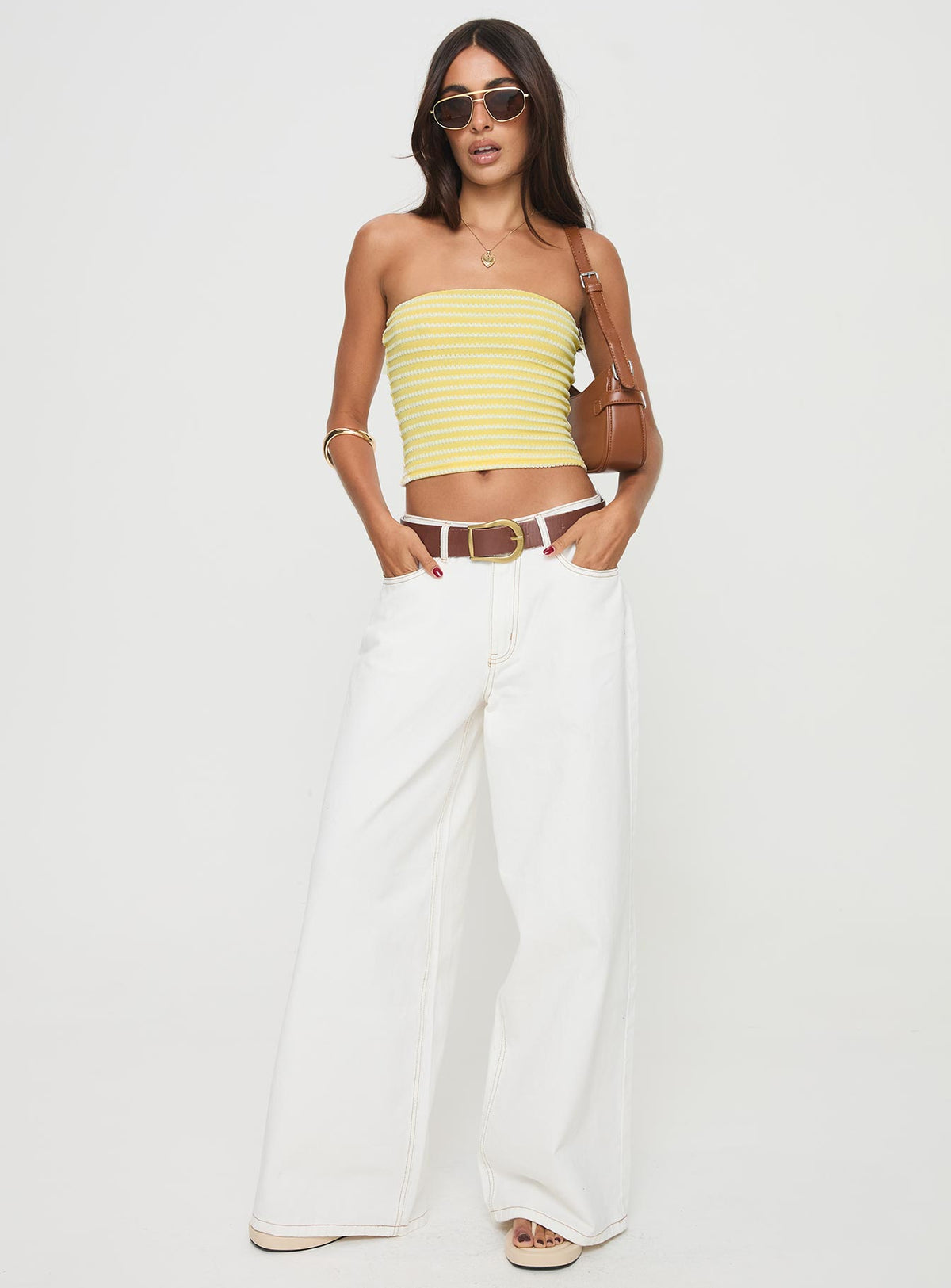 front view of model wearing Princess Polly Millert Tube Top Yellow Sleeveless straight 