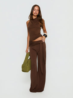 front view of model wearing Princess Polly Katiana Wrap Jersey Pants Brown Mid Rise Pants Pants 