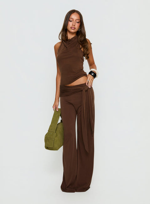 front view of model wearing Princess Polly Katiana Wrap Jersey Pants Brown Mid Rise Pants Pants 