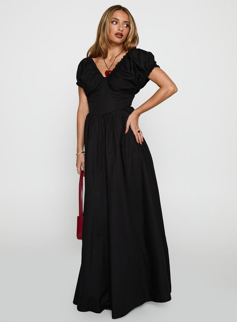 front view of model wearing Princess Polly Breeanna Maxi Dress Black V-Neck 