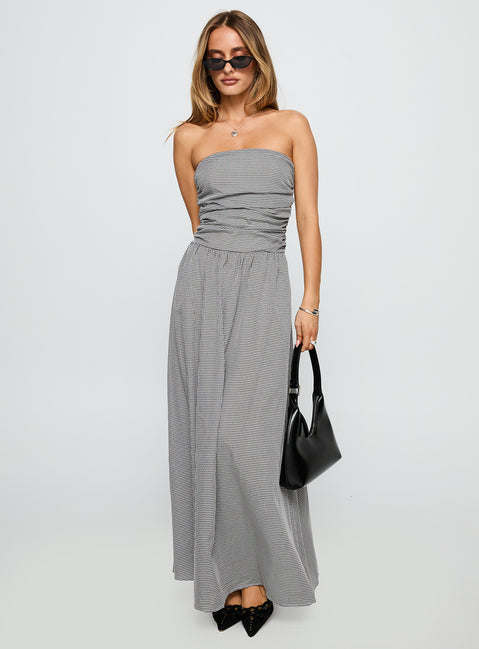 side view of model wearing Princess Polly Arkadia Strapless Maxi Dress Black / White Check Straight Neck 