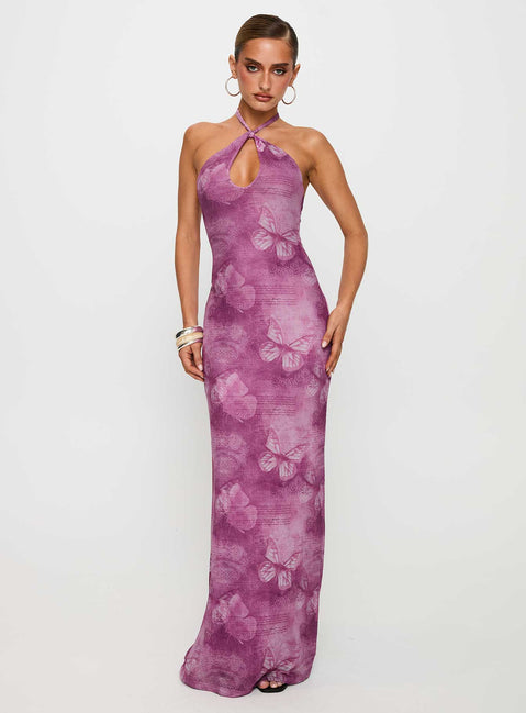 back view of model wearing Princess Polly Nathaleia Halter Maxi Dress Purple Asymmetric Neckline 