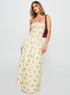 side view of model wearing Princess Polly Human Nature Strapless Maxi Dress Multi Floral Straight Neck 