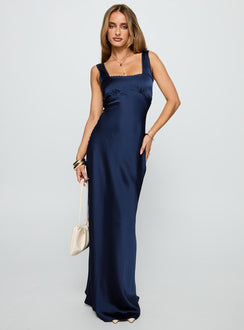front view of model wearing Princess Polly Dasha Satin Maxi Dress Navy Square Neck 