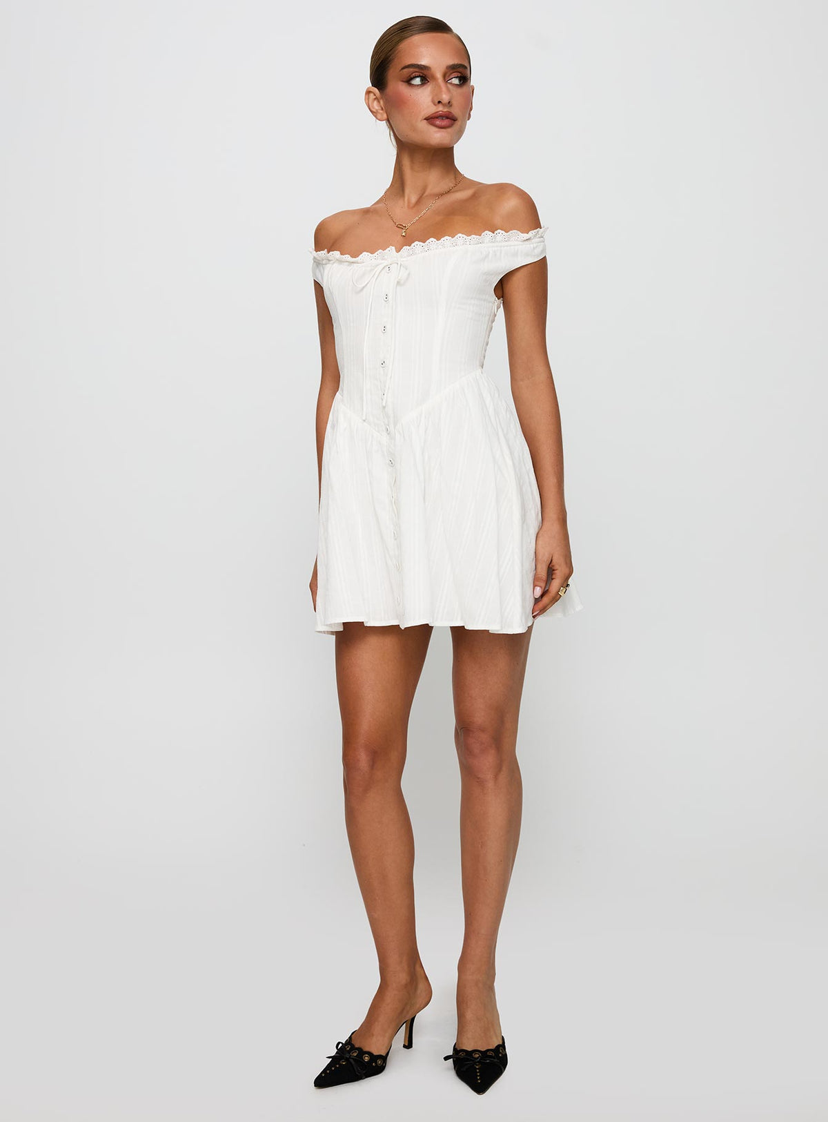 front view of model wearing Princess Polly White Horse Off The Shoulder Mini Dress White Straight Neck 