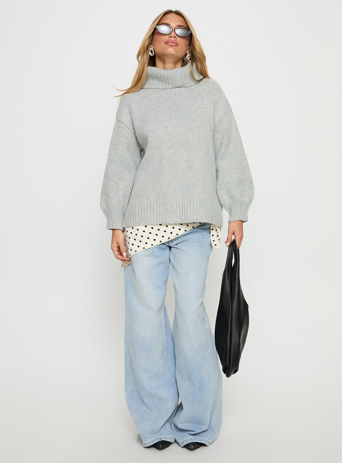 front view of model wearing Princess Polly Let Love In Knit Sweater Grey Longline Jumpers Jumpers 