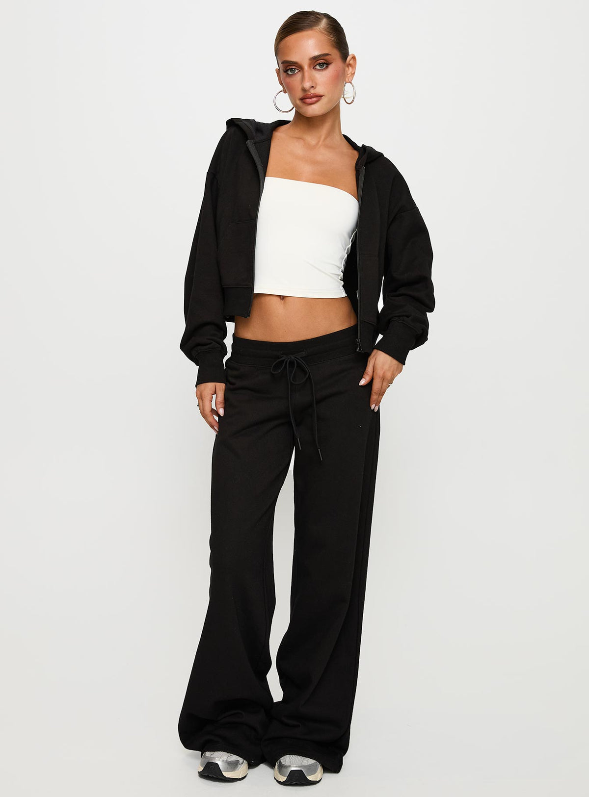 front view of model wearing Princess Polly Mindful Low Rise Pant Black Low Rise Pants Pants 