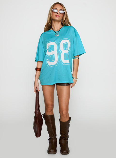 front view of model wearing Princess Polly 98 Sports Graphic Top Blue Half Sleeves V-Neck 
