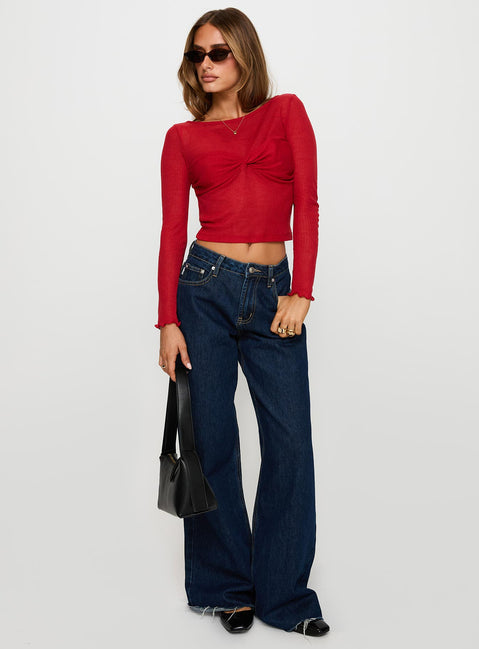 back view of model wearing Princess Polly November Long Sleeve Top Red Full Sleeves Boat Neck 