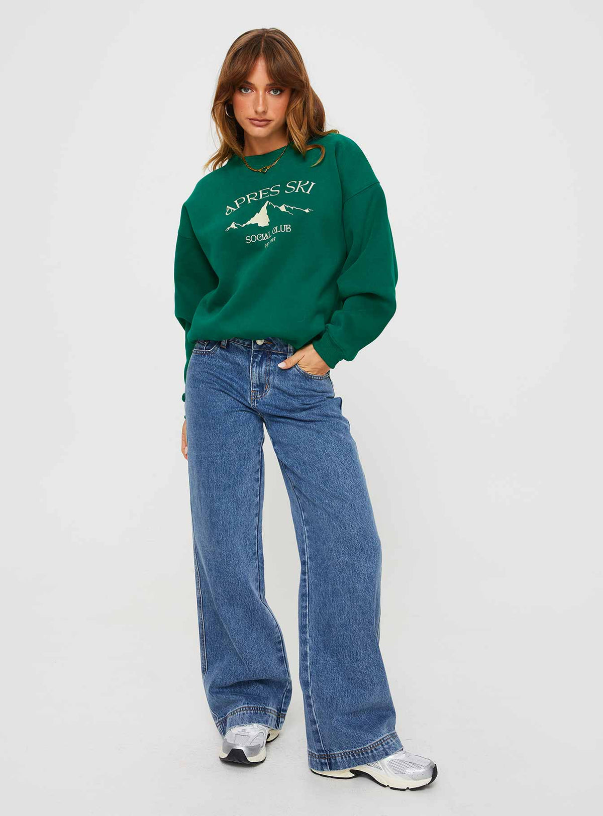 back view of model wearing Princess Polly Apres Ski Crew Neck Sweatshirt Green / Cream Jumpers 