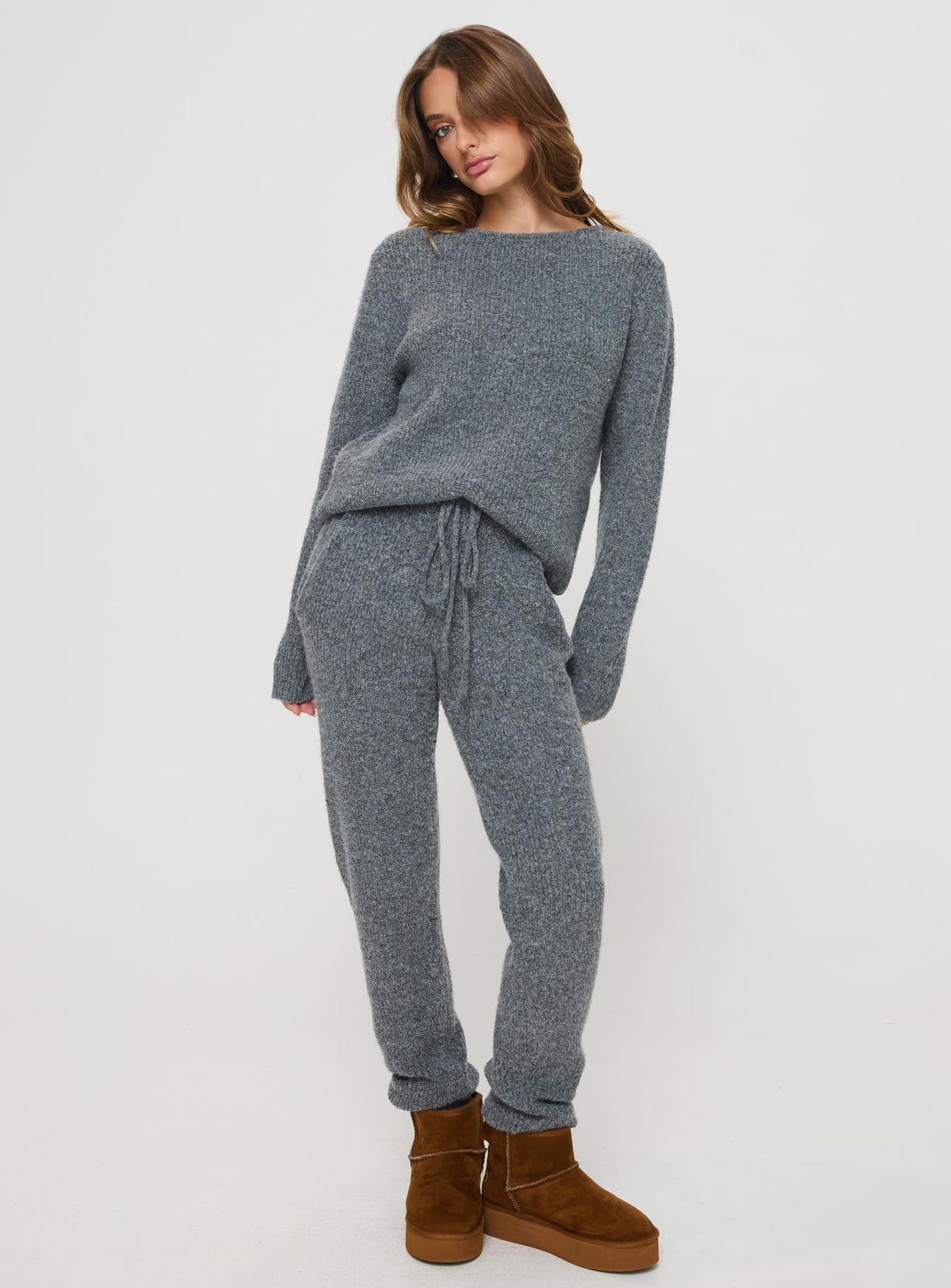 back view of model wearing Princess Polly Abrams Rib Knit Crew Sweater Charcoal Marle regular Jumpers 