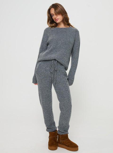 back view of model wearing Princess Polly Abrams Rib Knit Crew Sweater Charcoal Marle regular Jumpers 