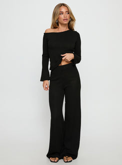 side view of model wearing Princess Polly Jaede Off Shoulder Knit Sweater Black Cropped Jumpers Jumpers 
