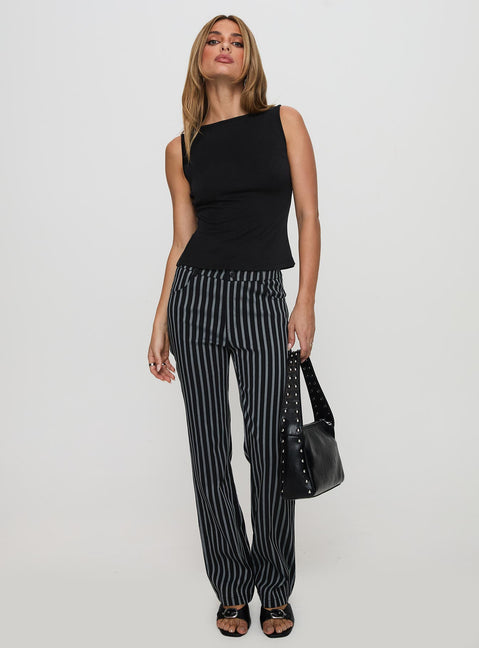 front view of model wearing Princess Polly Allude Low Waist Pinstripe Pant Black Low Rise Pants Pants 