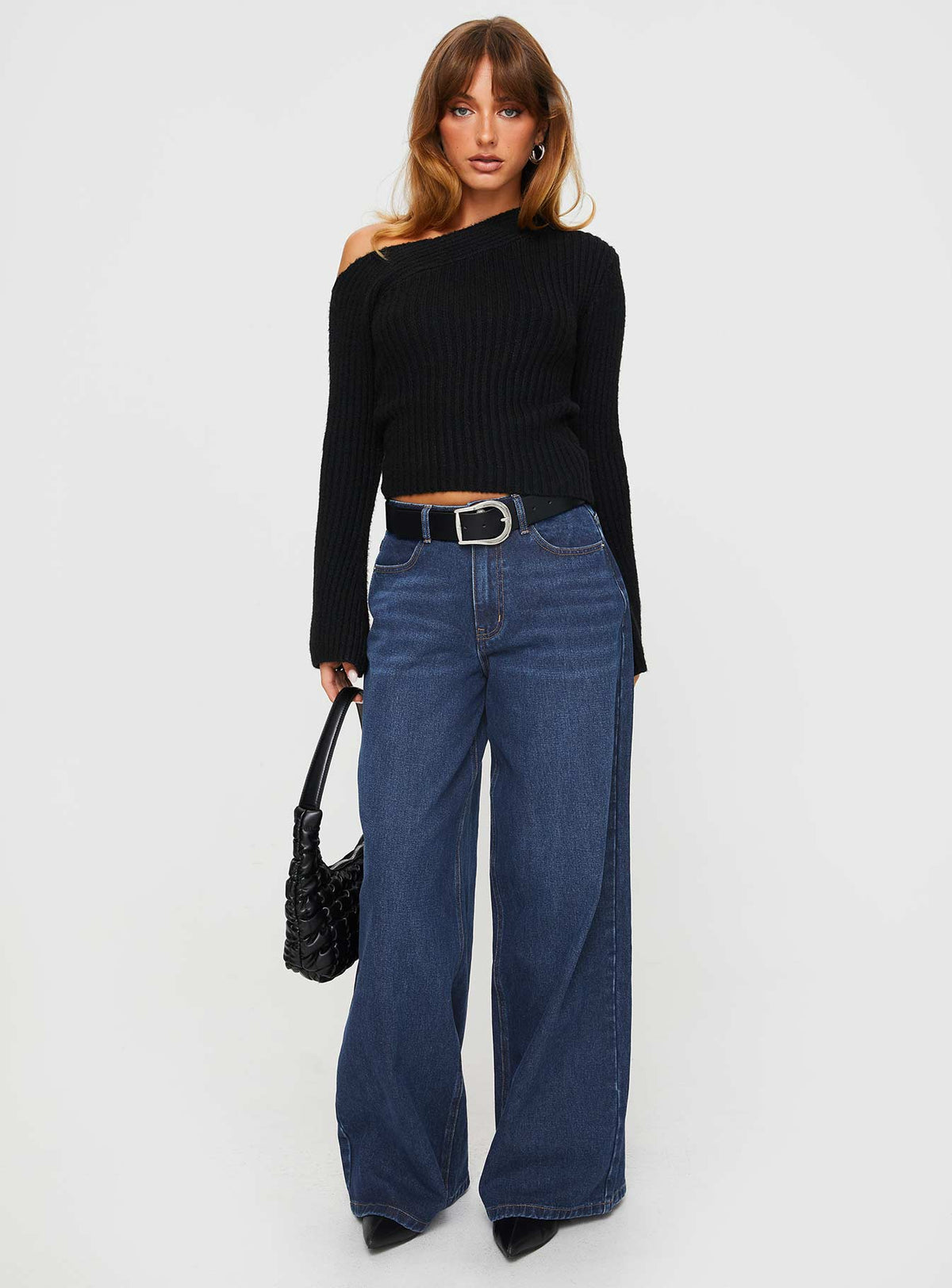 side view of model wearing Princess Polly Phillips Cold Shoulder Sweater Black Cropped Jumpers Jumpers 