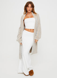 side view of model wearing Princess Polly Tremmy Textured Cardigan Natural Longline Jumpers Jumpers 