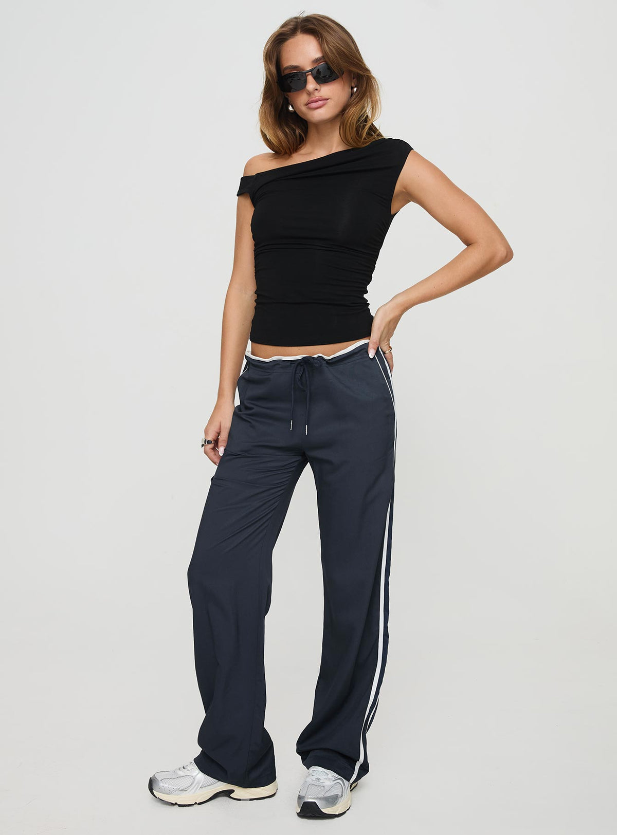 front view of model wearing Princess Polly Maranie Pants Navy/ White High Rise Pants Pants 