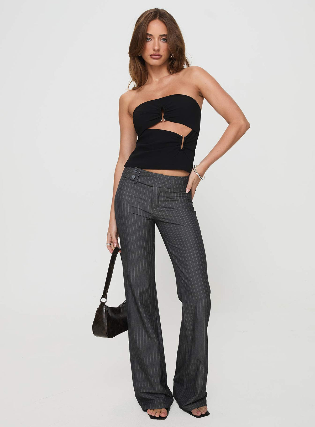 front view of model wearing Princess Polly Kinkirk Flared Pants Grey Pinstripe Tall Low Rise Pants Pants 