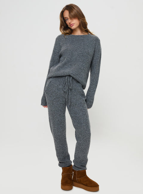 back view of model wearing Princess Polly Abrams Rib Knit Pants Charcoal Marle High Rise Pants Pants 