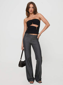 front view of model wearing Princess Polly Kinkirk Flared Pants Grey Pinstripe Low Rise Pants Pants 