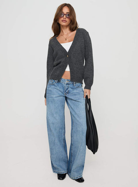 front view of model wearing Princess Polly Larkins Cardigan Grey cropped Jumpers 