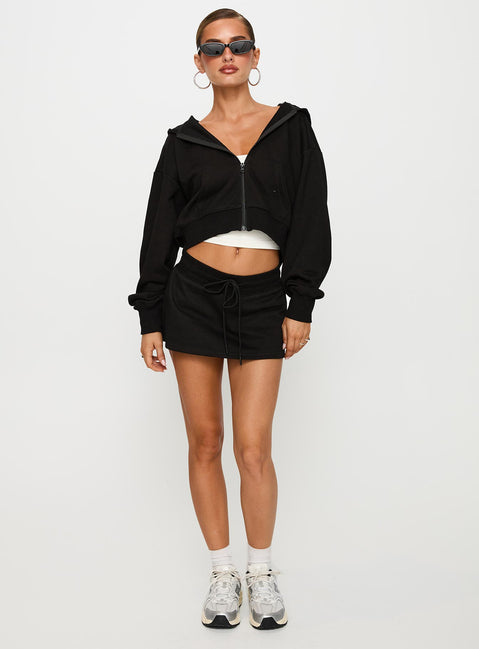 Showcasing the Revive Zip Through Hoodie Black in womens-jumpers with short length front view of model wearing Princess Polly