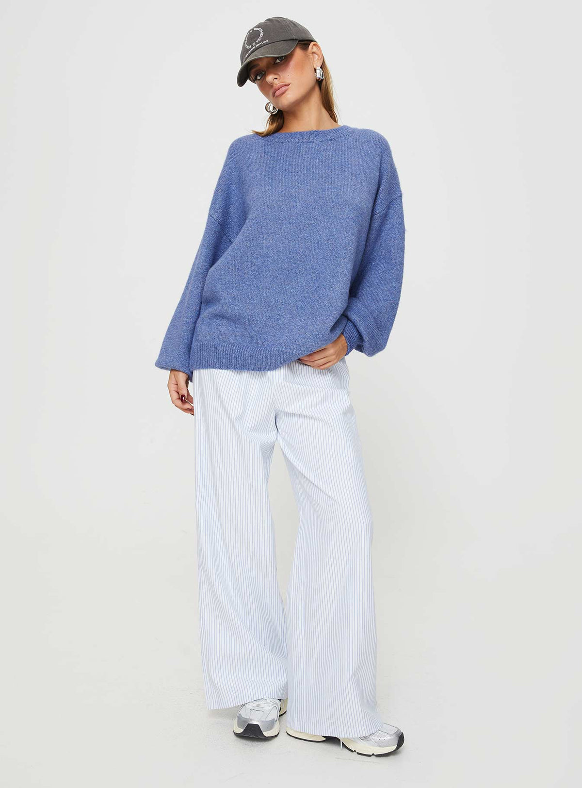 front view of model wearing Princess Polly Ryanna Sweater Blue Longline Jumpers Jumpers 